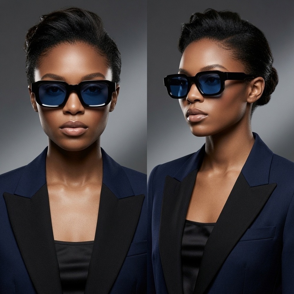 Womens Black Thick Frame Rectangular Sunglasses Blue Tinted Lens Hip‎ Hop Retro